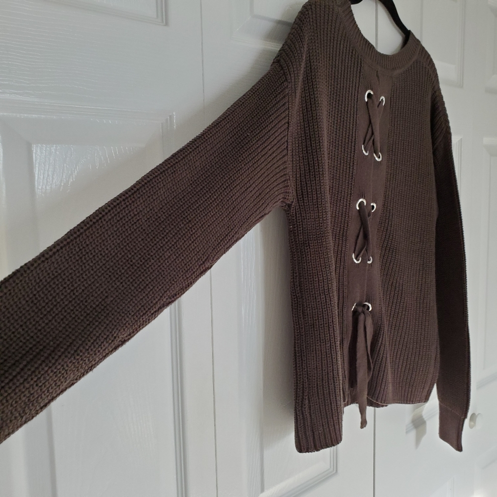 NEW Bobeau Olive Lace-up Knit Sweater - L - Picture 3 of 8